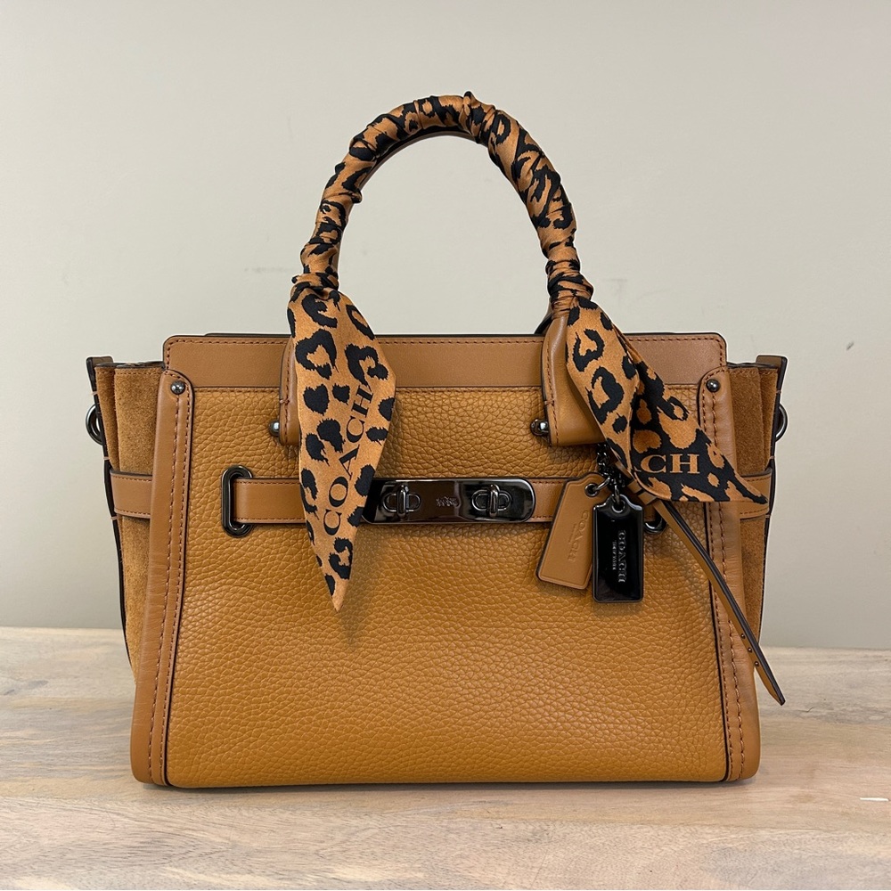 Coach Mixed Leather Swagger 27 in Light Saddle with Wild Beast scarf, EUC!